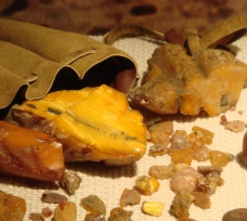 Zdjęcie, na którym widać rozsypane bryłki bursztynu.